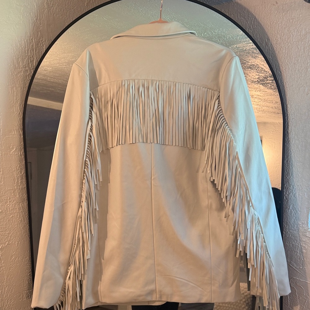 Elegant Cream Fringe Leather Jacket